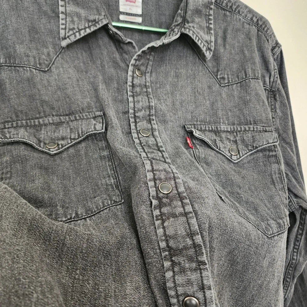☘️Levis Mens XL Barstow Western Denim Shirt Washed Black Snap Button Long Sleeve